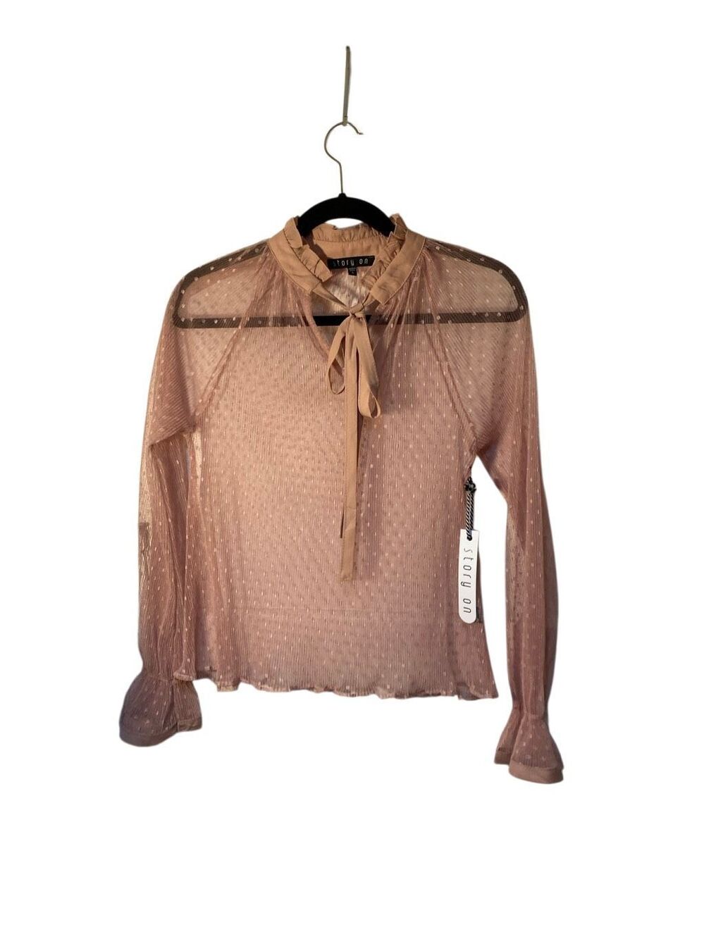 NWT story on pink, Swiss.sheer front tie, long sleeve blouse S boho